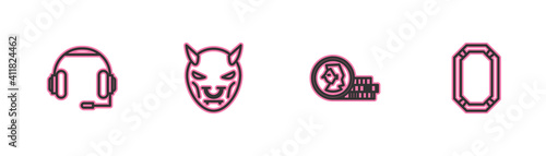 Set line Headphones, Coin for game, Mask of the devil with horns and Poker table icon. Vector.