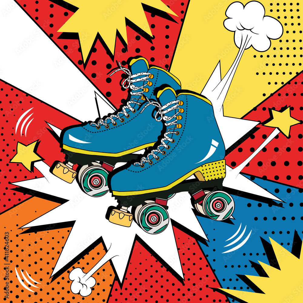 Pop art illustration with rollers. Retro roller skates with four wheels,  bright illustration. Stock Vector | Adobe Stock