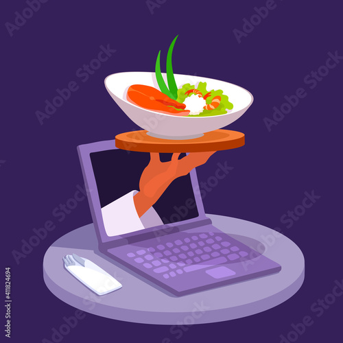 Online delivery food order from restaurant concept. A cook chef hand appears from a laptop screen. Fine dining delivering to the home. A vector cartoon illustration.