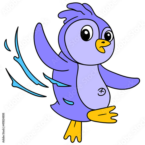 cute penguin dancing with water splash, doodle icon image kawaii
