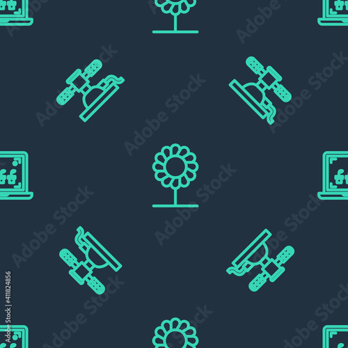 Set line Flower  Automatic irrigation sprinklers and Smart farming technology on seamless pattern. Vector.