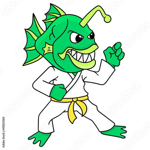 fish headed being practicing karate, doodle icon image kawaii