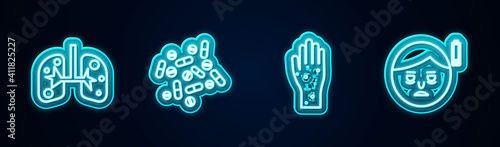 Set line Lungs, Medicine pill or tablet, Hand with psoriasis eczema and Fatigue. Glowing neon icon. Vector.