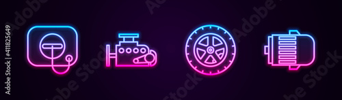 Set line Oil filler cap at gas station, Car engine, wheel and Electric. Glowing neon icon. Vector.