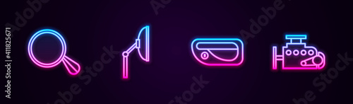 Set line Car mirror, Windscreen wiper, door handle and engine. Glowing neon icon. Vector.