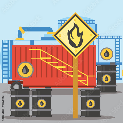fracking container storage oil barrels with flammable substance sign
