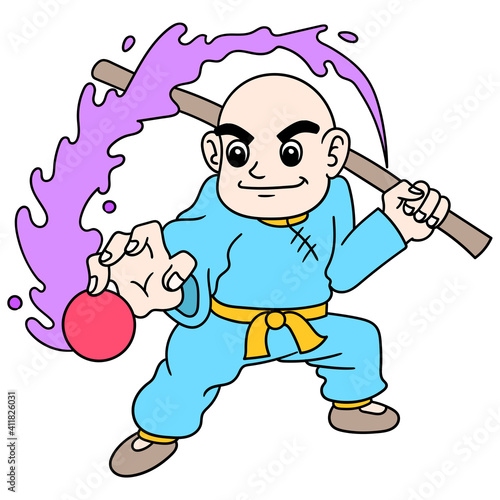 shaolin bald boy is gathering energy to attack, doodle icon image kawaii