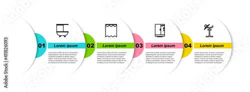Set line Bathtub with shower curtain, Curtains, Shower cabin and Coat stand. Business infographic template. Vector.