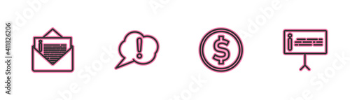 Set line Envelope, Coin money with dollar, Speech bubble Exclamation and Information icon. Vector.