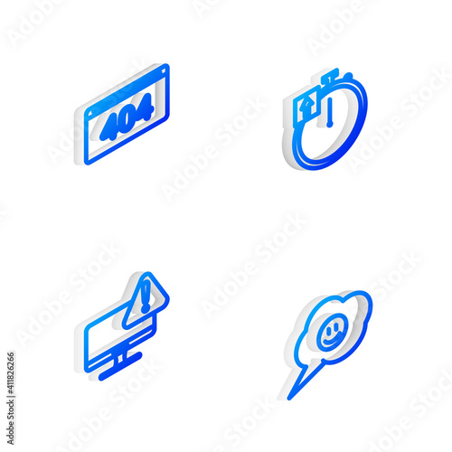 Set Isometric line Stopwatch  Page with 404 error  Monitor exclamation mark and Speech bubble smile face icon. Vector.