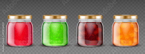 Jam jars, glass containers with fruit jelly, colorful gelatin marmalade packs with cap mock up design. Blank different color preserve tubes isolated on transparent background, Realistic 3d vector set