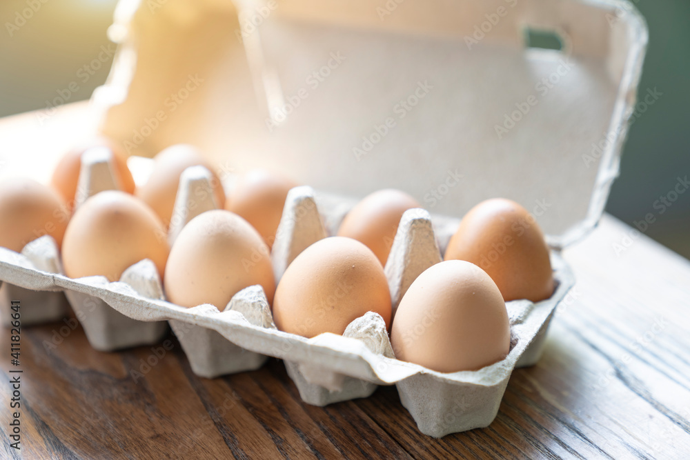 Raw chicken eggs in the egg panel Raw chicken eggs in the egg panel