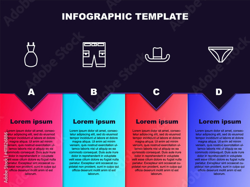 Set line Woman dress, Short or pants, Man hat and Men underpants. Business infographic template. Vector.