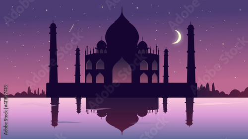 Vector illustration of Taj Mahal, India, night, night sky, starry sky, stars for banners, for prints, for print, for background