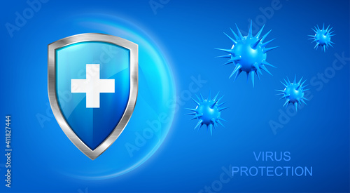 Virus protection banner with shield, cross and bacteria piked cells flying on blue background. Anti bacterial or germ defence, immune system protect medical poster, Realistic 3d vector illustration