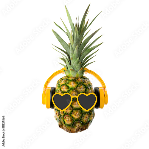 pineapple with sunglasses and headphones on white background 3d rendering