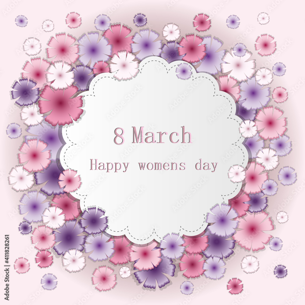 Greeting card with multicolored flowers on March 8th. Happy womens day. Greeting card with multicolored flowers on March 8th. Happy womens day.