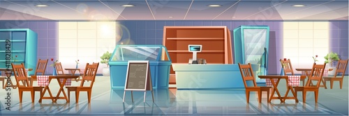Vector cartoon style flat illustration of restaurant interior with showcases, cashier and dining tables with menu stand and big windows with sunlight coming through.