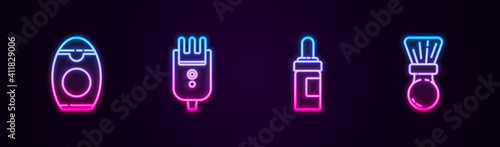 Set line Bottle of shampoo, Electrical hair clipper or shaver, Beard and mustaches care oil bottle and Shaving brush. Glowing neon icon. Vector.