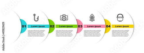Set line Fishing hook, Photo camera, Campfire and Camping pot. Business infographic template. Vector.