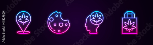 Set line Location and marijuana, Cookies with, Head or cannabis and Shopping paper bag of. Glowing neon icon. Vector.
