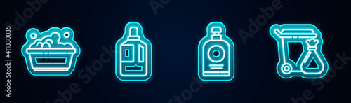 Set line Plastic basin with soap suds, Fabric softener, Hand sanitizer bottle and Trash can garbage bag. Glowing neon icon. Vector.