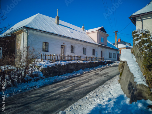 The Castle of Sovinec from the 13th century during winter with snow. photo