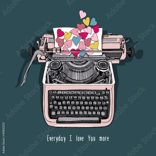 Card of a Valentine's Day.Vintage Typewriter machine with hearts pattern paper. Every day i love you more - lettering quote. Vector illustration.