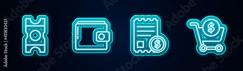 Set line Coupon, Wallet, Paper check and financial check and Shopping cart dollar. Glowing neon icon. Vector.