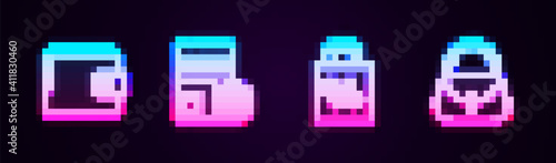 Set line Wallet, Paper check and financial check, Shoping bag with percent discount and Handbag. Glowing neon icon. Vector.