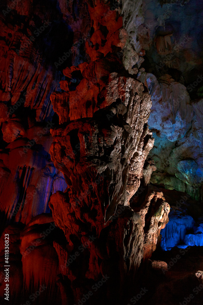 Stalactite and stalagmite formations in a limestone cave of Halong Bay, Stalactite and stalagmite formations in a limestone cave of Halong Bay,