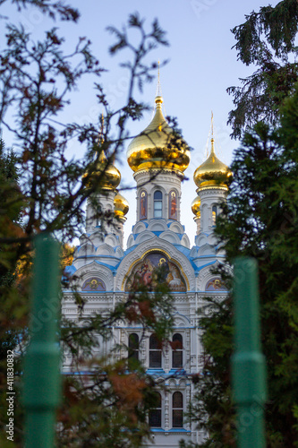 orthodox russian church with golden turrets