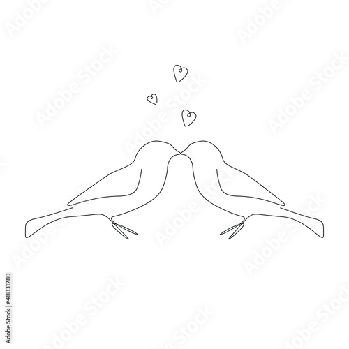 Valentines day love hearts birds drawing on white background, vector illustration