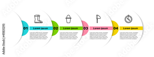 Set line Fishing boots, bucket, net with fish and Compass. Business infographic template. Vector.