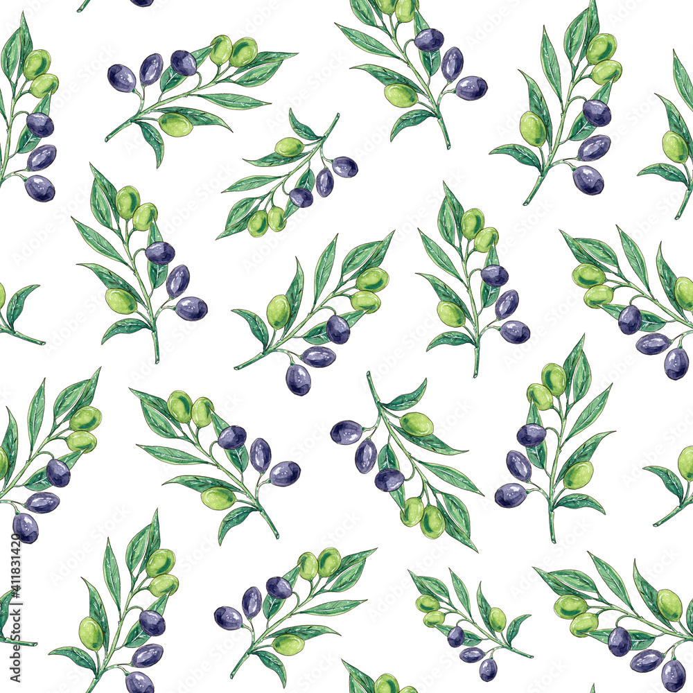 Seamless pattern from olive branches. Summer neutral background. Watercolor sketch Seamless pattern from olive branches. Summer neutral background. Watercolor sketch