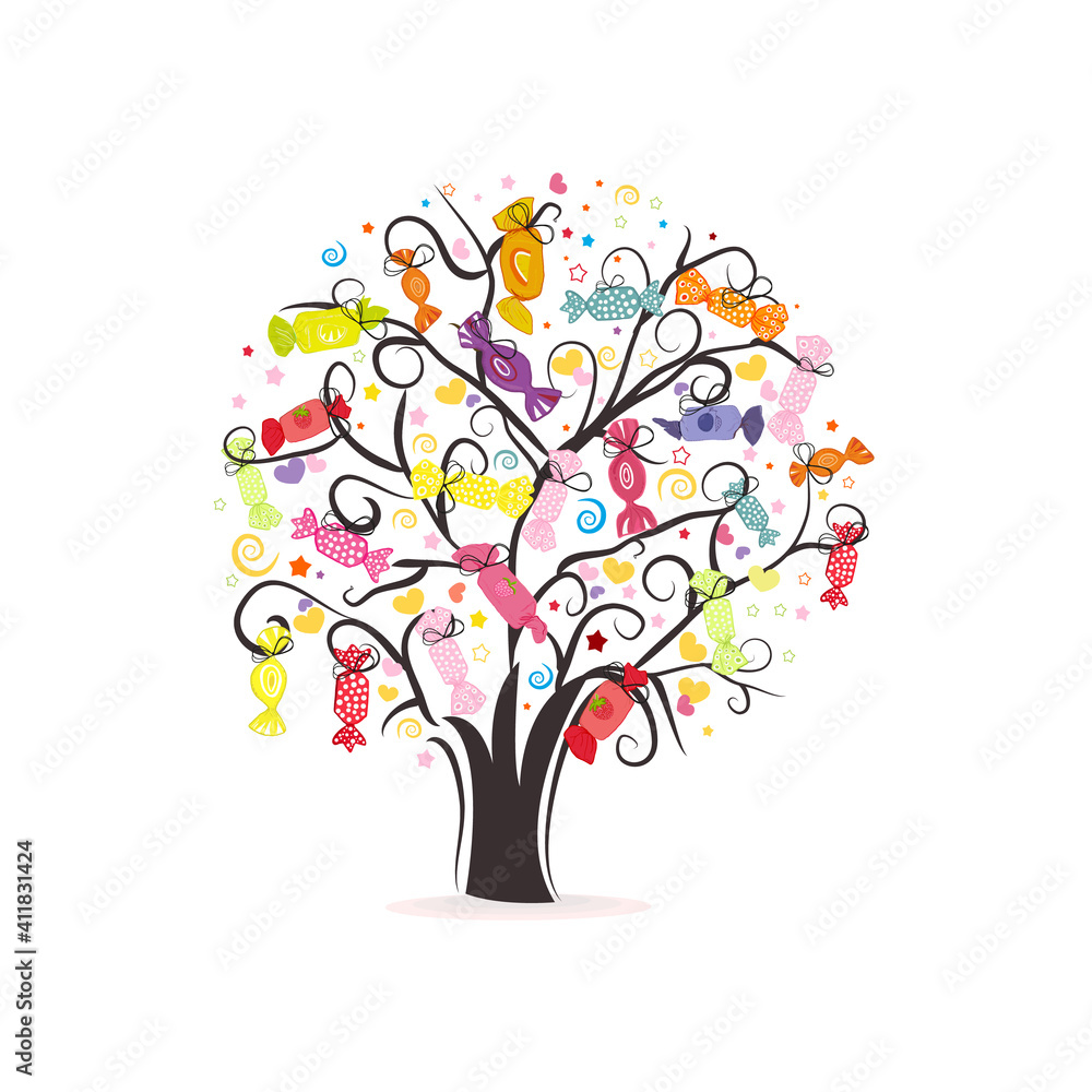 Colorful fruity sweet candies hanging on the tree. Traditional candies for Seker Bayram holiday background. Greeting card background Colorful fruity sweet candies hanging on the tree. Traditional candies for Seker Bayram holiday background. Greeting card background