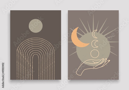 Vector Set of Abstract Prints Boho Bohemian Style. Minimalist Trendy Contemporary Design Perfect for Wall Art, Prints, Social Media, Posters, Invitations, Branding Design.