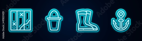 Set line Folded map, Fishing bucket, boots and Anchor. Glowing neon icon. Vector.