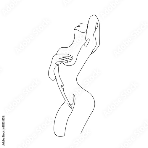 Trendy Line Art Woman Body. Minimalistic Black Lines Drawing. Female Figure Continuous One Line Abstract Drawing. Modern Scandinavian Design. Naked Body Art. Vector Illustration.