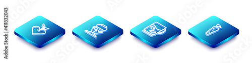 Set Isometric line Heart, Facial cosmetic mask, Cup of tea and leaf and Carrot icon. Vector.