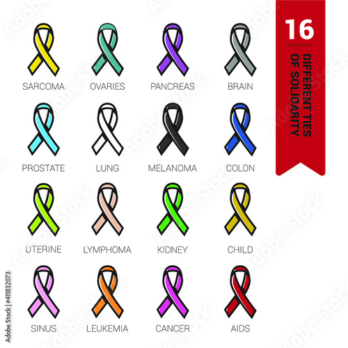 Icons of different colored cancer awareness ties. Line drawing.