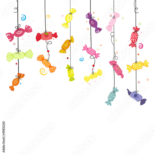 Hanging colorful fruity sweet candies. Traditional candies for Seker Bayram holiday background. Greeting card background