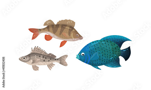 Fish from Deep Sea as Gill-bearing Aquatic Animals Vector Set