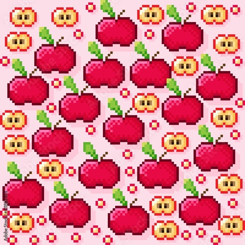 Red apple pixel art pattern. Pattern background.