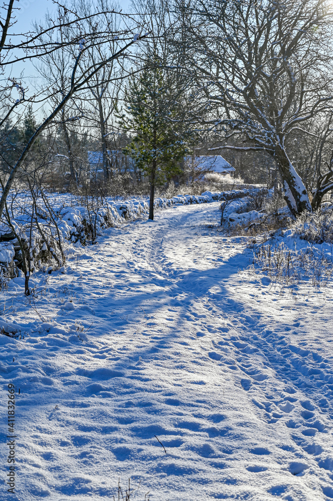 trail with footprints in snow near stone wall trail with footprints in snow near stone wall