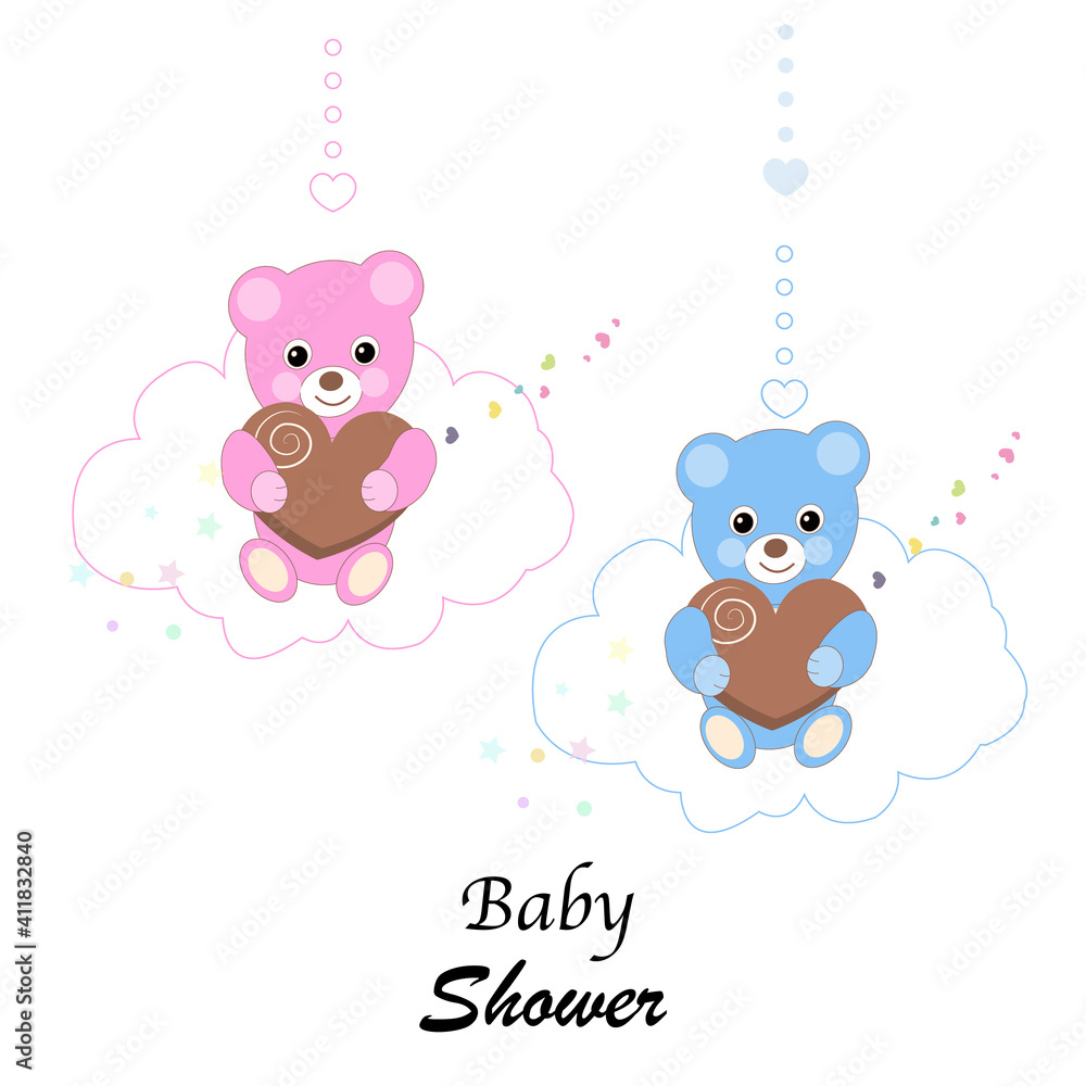 Teddy bears pink and blue teddy bears above the clouds. Baby shower, baby gender reveal, baby birthday, first year, t-shirt design element greeting card illustration Teddy bears pink and blue teddy bears above the clouds. Baby shower, baby gender reveal, baby birthday, first year, t-shirt design element greeting card illustration
