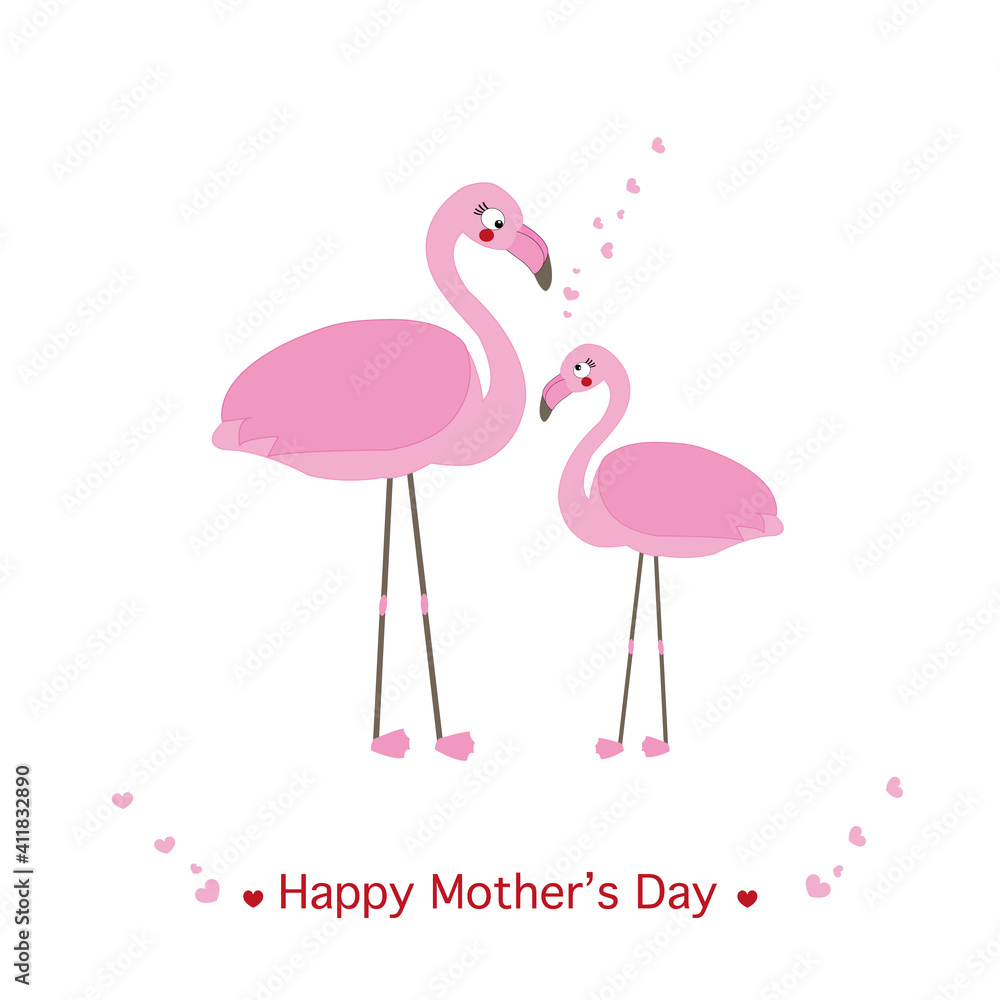 Fototapeta premium Mother Flamingo Baby Flamingo. Mother elephant giving baby flamingo gift heart balloon. Happy Mother's Day cute cartoon greeting card illustration