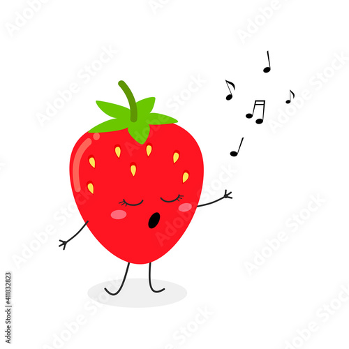 Cute singing cartoon strawberry character vector illustration