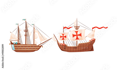 Old Wooden Ships with Sails and Fluttering Flags Vector Set