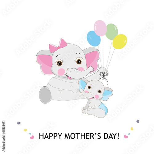 Mother Elephant Baby Elephant. Mother elephant giving baby elephant gift colorful balloon. Happy Mother s Day cute cartoon greeting card illustration